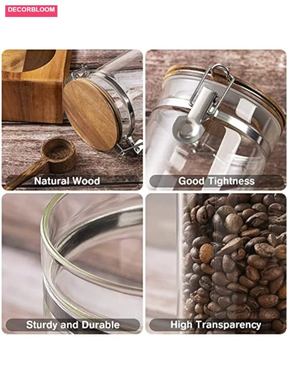 Glass Coffee Canister Set with Wooden Shelf, Airtight Lids, 2x45oz